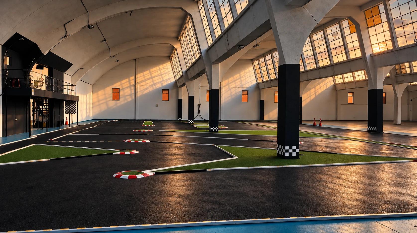 Vista panorámica limpia del hangar y el circuito